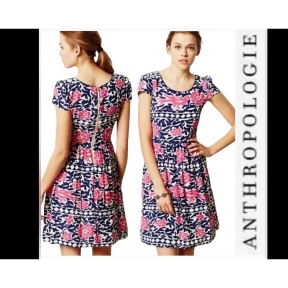 Maeve Peralta Minidress, Size 6. Navy and pink garden girl pattern